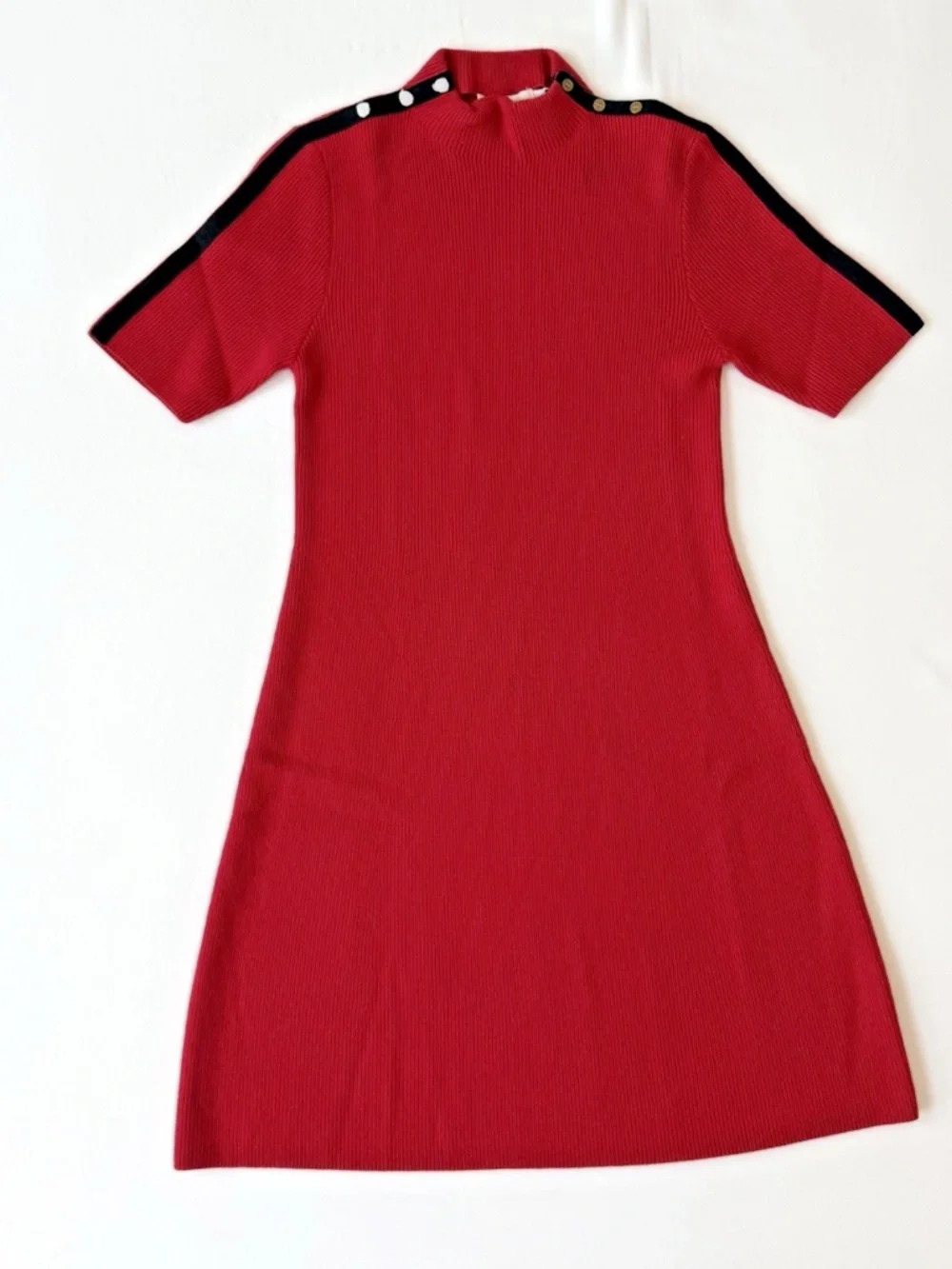 Tory Burch Sardy Red Sweater Dress Women Size L Merino Wool Stripe Mock Neck NWT